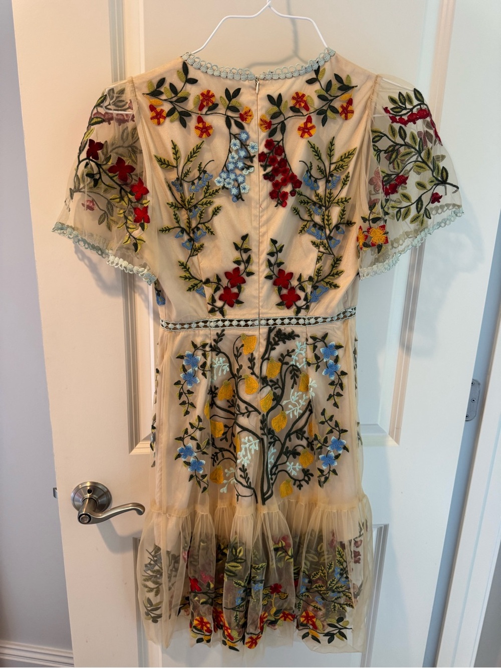 Aliana Embroidered Floral Beige Short Sleeve Mini Dress | S - Picture 5 of 5